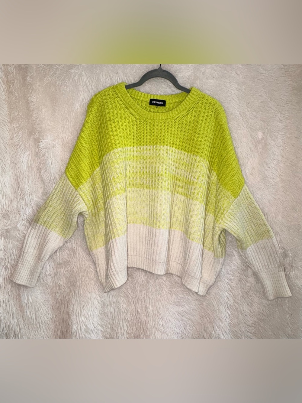 Express Neon Lime and Cream Ribbed Crewneck Sweater